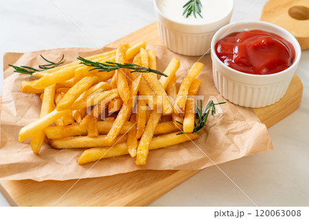 French fries with sour cream and ketchup 120063008