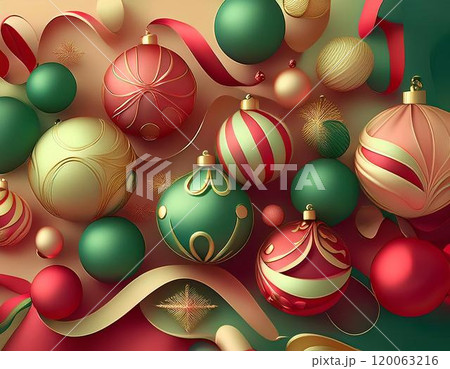 クリスマスのイメージイラスト（オーナメントとリボン）（AI生成画像） 120063216
