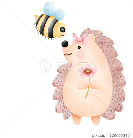 Watercolor hedgehog cartoon playing with a bee in his hand holding a flower 120063540