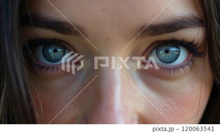 Close Up Portrait of Blue Eyes Looking into the Lens 120063541