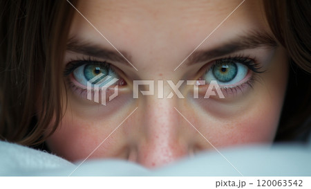 Close Up Portrait of Blue Eyes Looking into the Lens 120063542