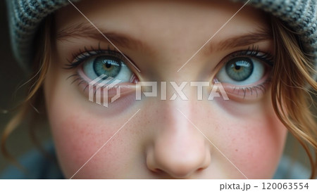 Close Up Portrait of Blue Eyes Looking into the Lens 120063554