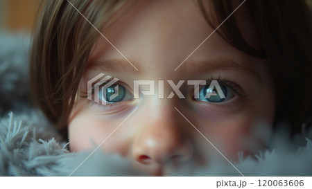 Close Up Portrait of Blue Eyes Looking into the Lens 120063606