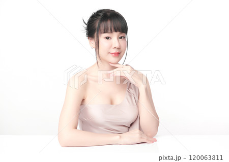 Beautiful young asian woman with clean fresh skin on white background, Face care, Facial treatment, Cosmetology, beauty and spa, Asian women portrait. 120063811