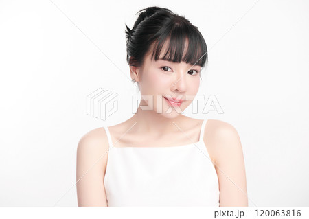 Beautiful young asian woman with clean fresh skin on white background, Face care, Facial treatment, Cosmetology, beauty and spa, Asian women portrait. 120063816