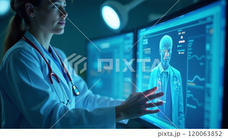 Doctor Touching Virtual Screen with Digital Medical Record and DNA Data 120063852