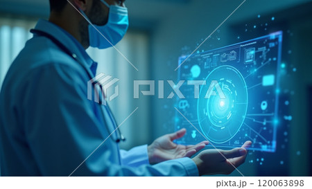 Doctor Touching Virtual Screen with Digital Medical Record and DNA Data 120063898
