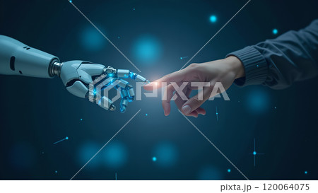 The Future of AI Robot and Human Hands Touching in Big Data 120064075