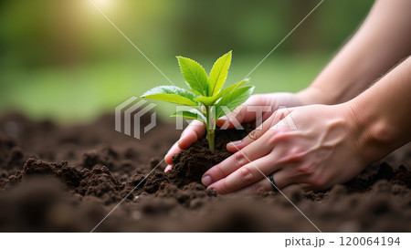 Closeup of hands planting a small tree in garden soil 120064194