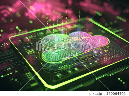 Futuristic Cloud Computing Concept with Neon Lights and Digital Interface on a Tablet 120064501