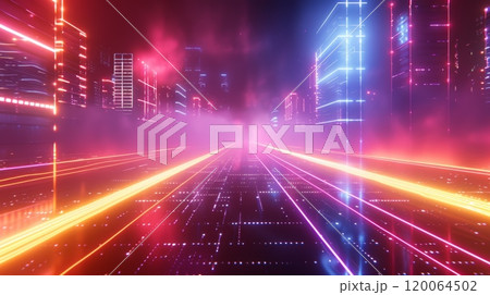 Futuristic Neon Cityscape with Glowing Lights and Digital Grid in a Cyberpunk Style 120064502
