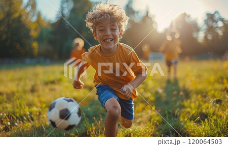 Joyful Child Playing Soccer Outdoors on a Sunny Day in a Park 120064503