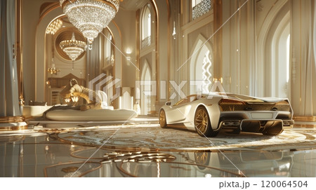 Luxurious Modern Mansion Interior with Sports Car and Elegant Decor Featuring Chandeliers and Opulent Furnishings 120064504