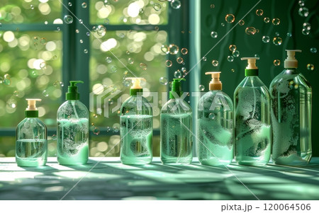 Various Sizes of Liquid Soap Bottles with Pump Dispensers on a Sunlit Table with Bubbles and Green Background Various Sizes of Liquid Soap Bottles with Pump Dispensers on a Sunlit Table with Bubbles and Green Background 120064506