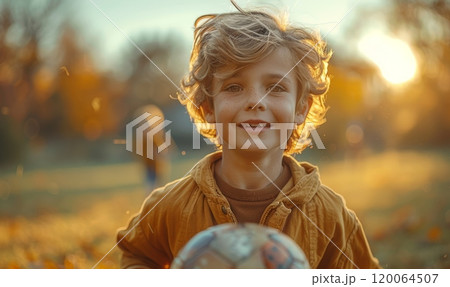 Joyful Child Playing with Soccer Ball in Autumn Park During Golden Hour 120064507