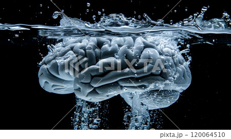 Close-Up of a Human Brain Submerged in Water with Splashing Effect on Black Background Close-Up of a Human Brain Submerged in Water with Splashing Effect on Black Background 120064510
