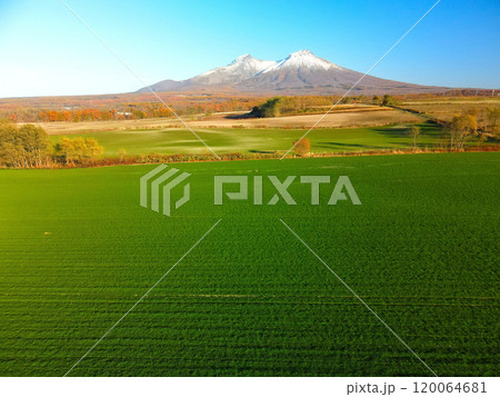 晩秋の北海道森町で秋まき小麦畑と初雪の駒ヶ岳の風景を空撮 晩秋の北海道森町で秋まき小麦畑と初雪の駒ヶ岳の風景を空撮 120064681
