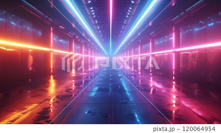 Futuristic Neon Lit Corridor with Reflective Surfaces and Vibrant Colors in a Sci-Fi Setting 120064954