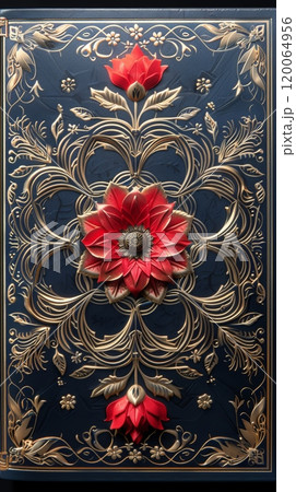 Ornate Floral Design on Dark Background with Intricate Gold and Red Embellishments 120064956
