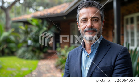 Confident Mature Man in Business Attire Standing Outside a Modern Brick House with Lush Greenery 120064957