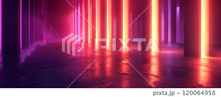 Futuristic Neon Lit Corridor with Vibrant Pink and Purple Lights Reflecting on Shiny Floor 120064958