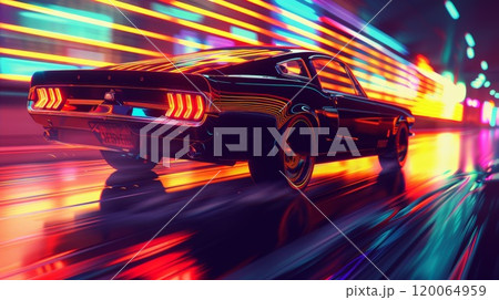 Classic Muscle Car Driving Through Neon-Lit City Streets at Night with Motion Blur 120064959