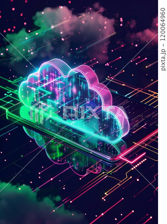 Futuristic Cloud Computing Concept with Neon Lights and Digital Data Visualization in a Modern Tech Environment 120064960