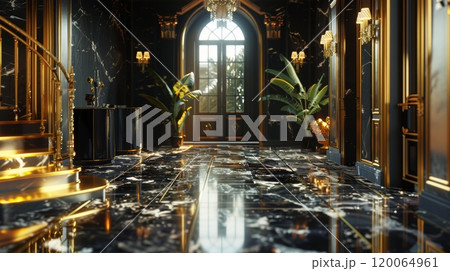 Luxurious Modern Interior with Marble Floors, Golden Accents, and Elegant Decor in Sunlit Room 120064961