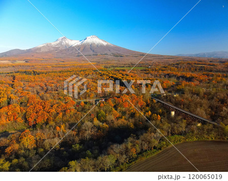 晩秋の北海道森町で初雪の駒ヶ岳と紅葉の森林の風景を空撮 120065019