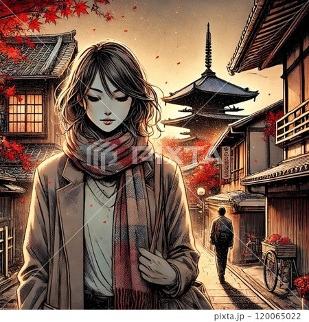 秋に京都へ観光する女性 120065022