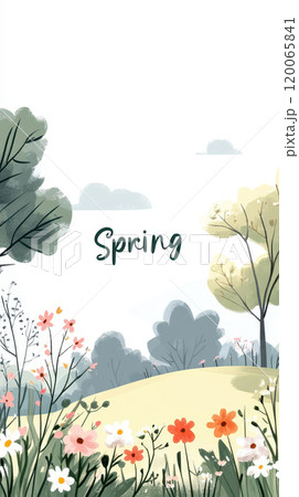 Illustrated spring landscape with wildflowers and trees in bloom, AI Generative Illustrated spring landscape with wildflowers and trees in bloom, AI Generative 120065841