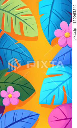 Colorful tropical leaves and flowers on a vibrant yellow background, AI Generative Colorful tropical leaves and flowers on a vibrant yellow background, AI Generative 120065842