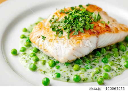 Grilled cod with creamy pea sauce garnished with fresh herbs and served on a white plate, AI Generative 120065953