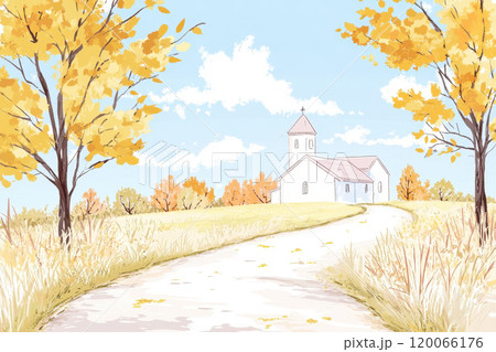 Autumn landscape with a white church and golden trees under a clear blue sky AI Generative 120066176