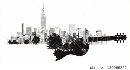 Cityscape guitar blend with trees and skyscrapers in black and white AI Generative 120066232