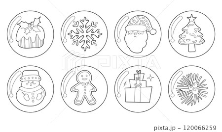 Set of isolated Christmas and New Year label in cute doodle style on transparent background. Volume 7 : Black outline with white plain. 120066259