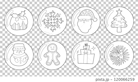 Set of isolated Christmas and New Year label in cute doodle style on transparent background. Volume 7 : Black outline with white plain. 120066259