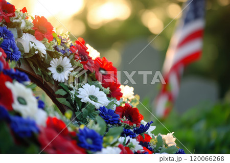 Floral wreath with American flag in the background at sunrise AI Generative 120066268