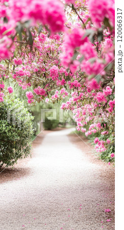 Enchanting path surrounded by vibrant pink blossoms and lush greenery AI Generative 120066317