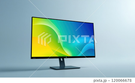 Futuristic desktop monitor, vibrant chartreuse and indigo gradient, holographic user interface, suspended in mid-air 120066678