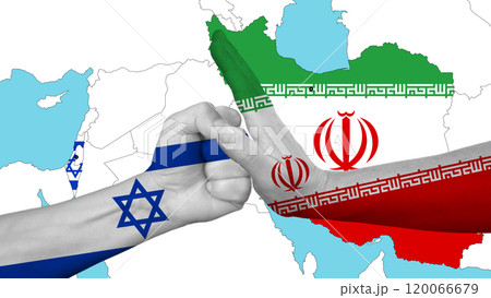 Israel's fist is stopped by Iran's hand, with a map of the two countries in the background 120066679