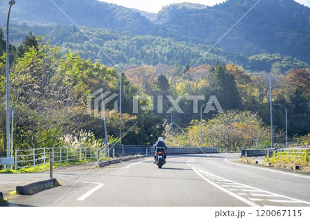 紅葉が始まった国道113号線を走るバイクの後ろ姿 宮城県白石市 紅葉が始まった国道113号線を走るバイクの後ろ姿 宮城県白石市 120067115