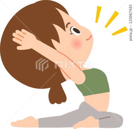 片足を後ろに伸ばして座り背中を反る体操をする女性 片足を後ろに伸ばして座り背中を反る体操をする女性 120067485