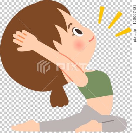 片足を後ろに伸ばして座り背中を反る体操をする女性 片足を後ろに伸ばして座り背中を反る体操をする女性 120067485