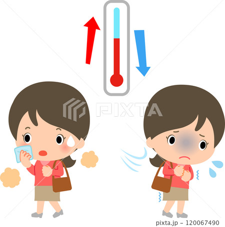 暑がる女性と寒がる女性、気温差 120067490