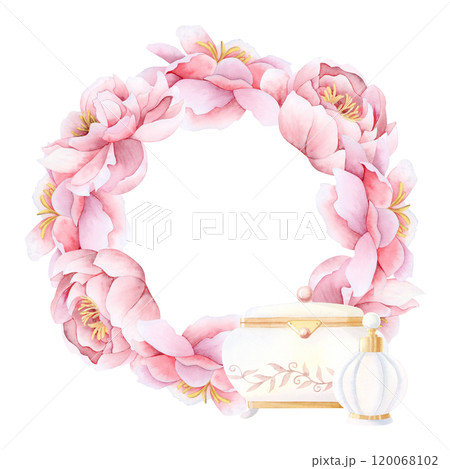 Watercolor pink peony flowers round wreath with jewelry box and perfume bottle watercolor isolated illustration. Garden roses flowers frame template for wedding or Mothers Day stickers and cards Watercolor pink peony flowers round wreath with jewelry box and perfume bottle watercolor isolated illustration. Garden roses flowers frame template for wedding or Mothers Day stickers and cards 120068102