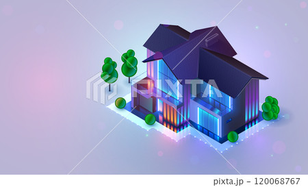 Smart home. Isometric modern two-storey private residential building with garage in evening with neon lights. Home with garage 3d isometric vector illustration. Living modern private building. 120068767