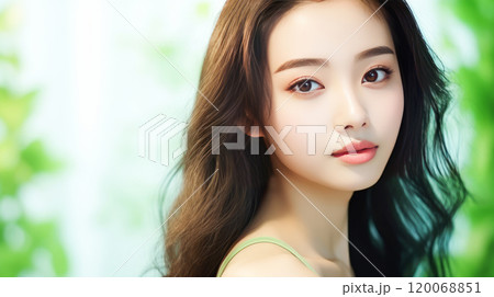 Portrait of smiling asian teenager girl green background. 120068851