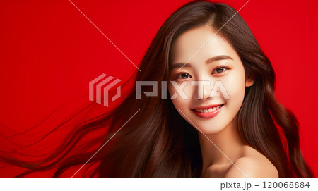 Portrait of smiling asian teenager girl red background. 120068884