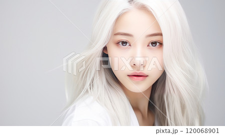 Portrait of smiling asian teenager girl with long and white hair white background. 120068901